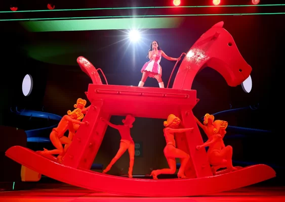 Katy Perry on top of a giant rocking horse during her PLAY Las Vegas Residency